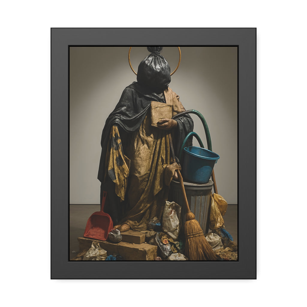 A robed figure with a garbage bag head and gold halo holding a broom. The Custodian Enthroned by Garabaggio, framed fine art print, 11″ x 14″.
