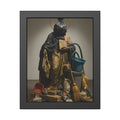 A robed figure with a garbage bag head and gold halo holding a broom. The Custodian Enthroned by Garabaggio, framed fine art print, 11″ x 14″.