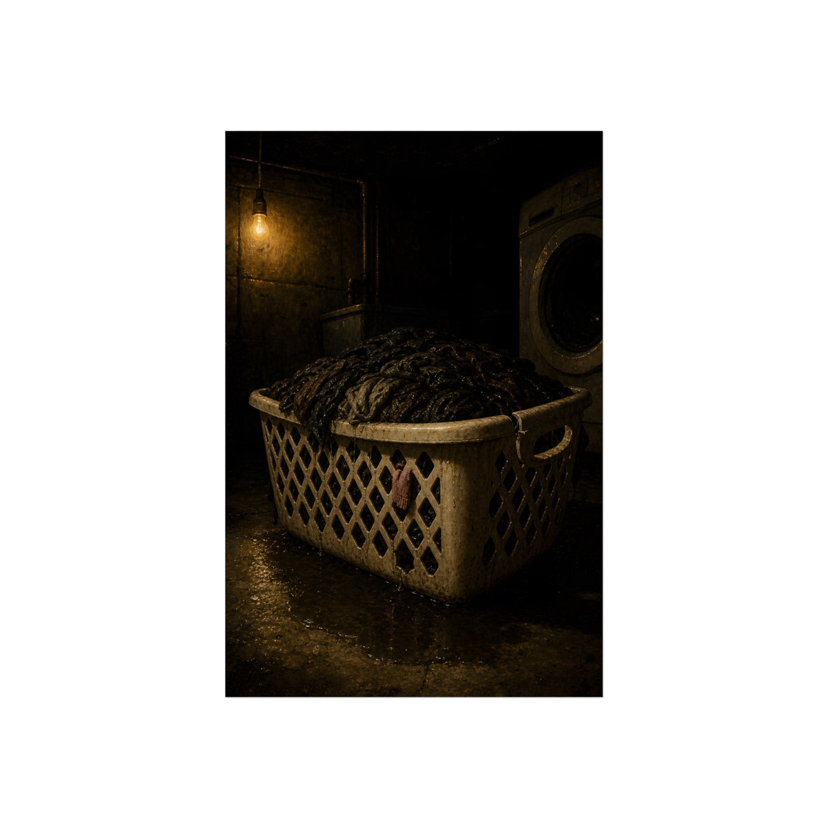 A laundry basket heaped with wet dark clothes under a bare bulb. The Burden of Wet Clothes by Garabaggio, fine art print, 24″ x 36″.