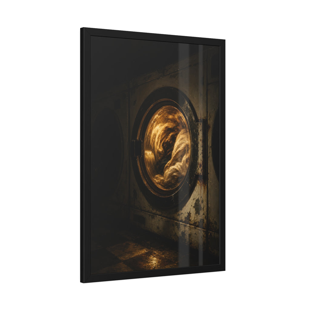 A washer drum tumbling laundry lit amber behind its glass door. The First Spin by Garabaggio, framed fine art print hanging in a room.