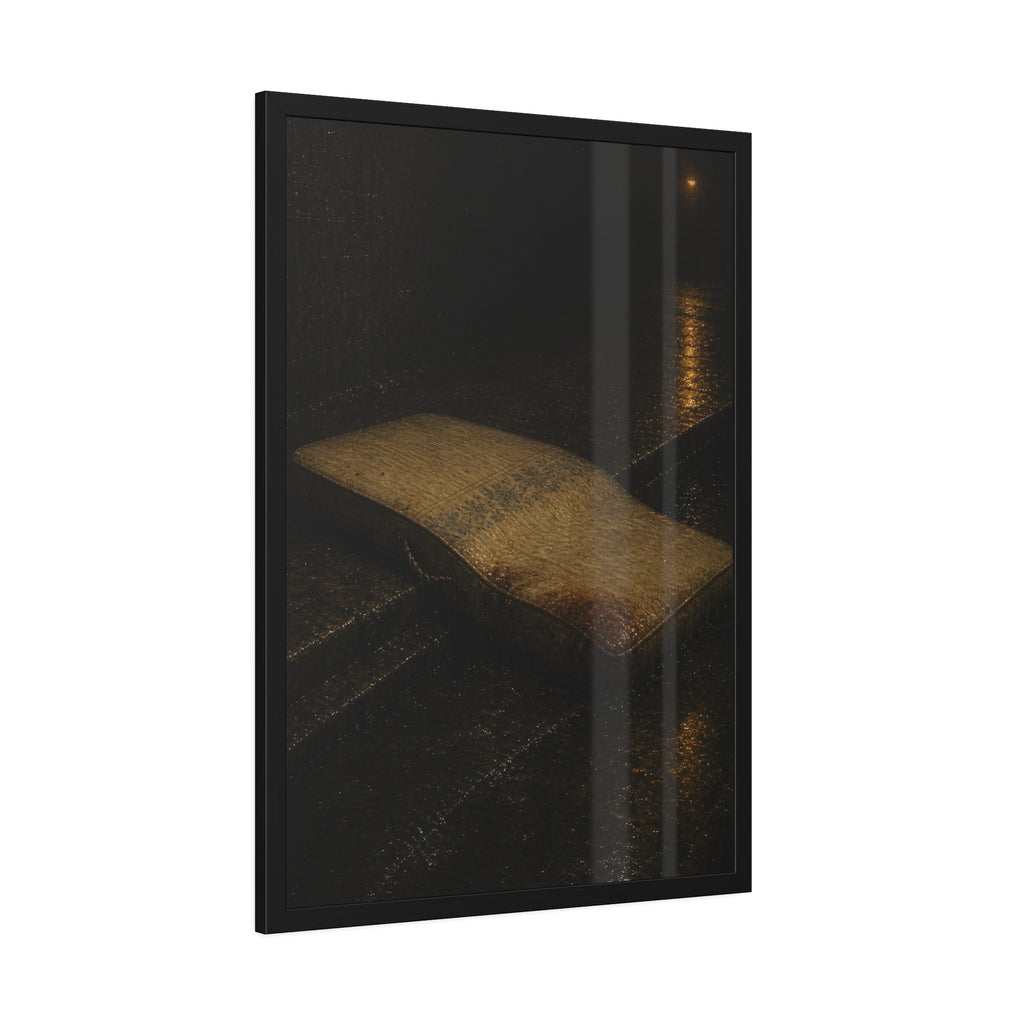 A sodden mattress slumped off a curb on wet pavement under a street lamp. The Collapse into the Gutter by Garabaggio, framed fine art print hanging in a room.