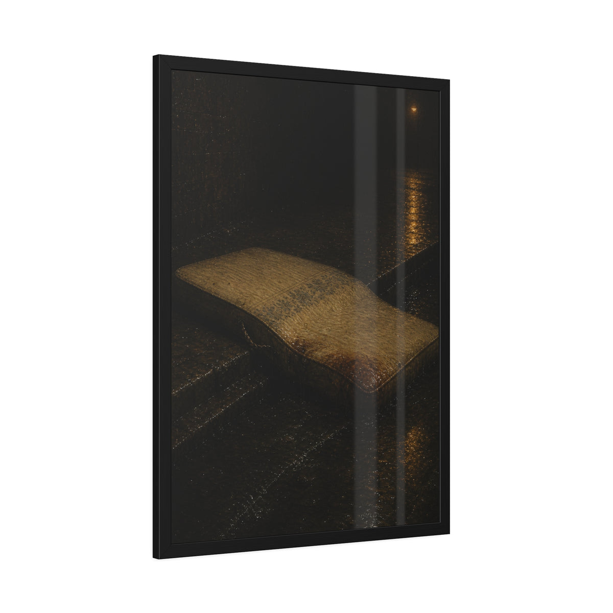 A sodden mattress slumped off a curb on wet pavement under a street lamp. The Collapse into the Gutter by Garabaggio, framed fine art print hanging in a room.