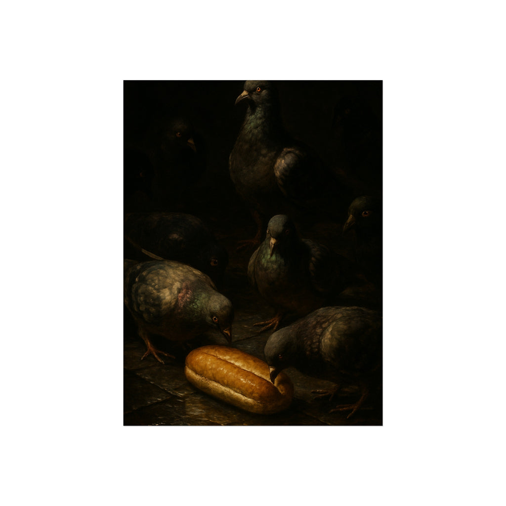 Pigeons crowding around a bread roll on dark stone paving. The Congregation at the Bun by Garabaggio, fine art print, 12″ x 16″.