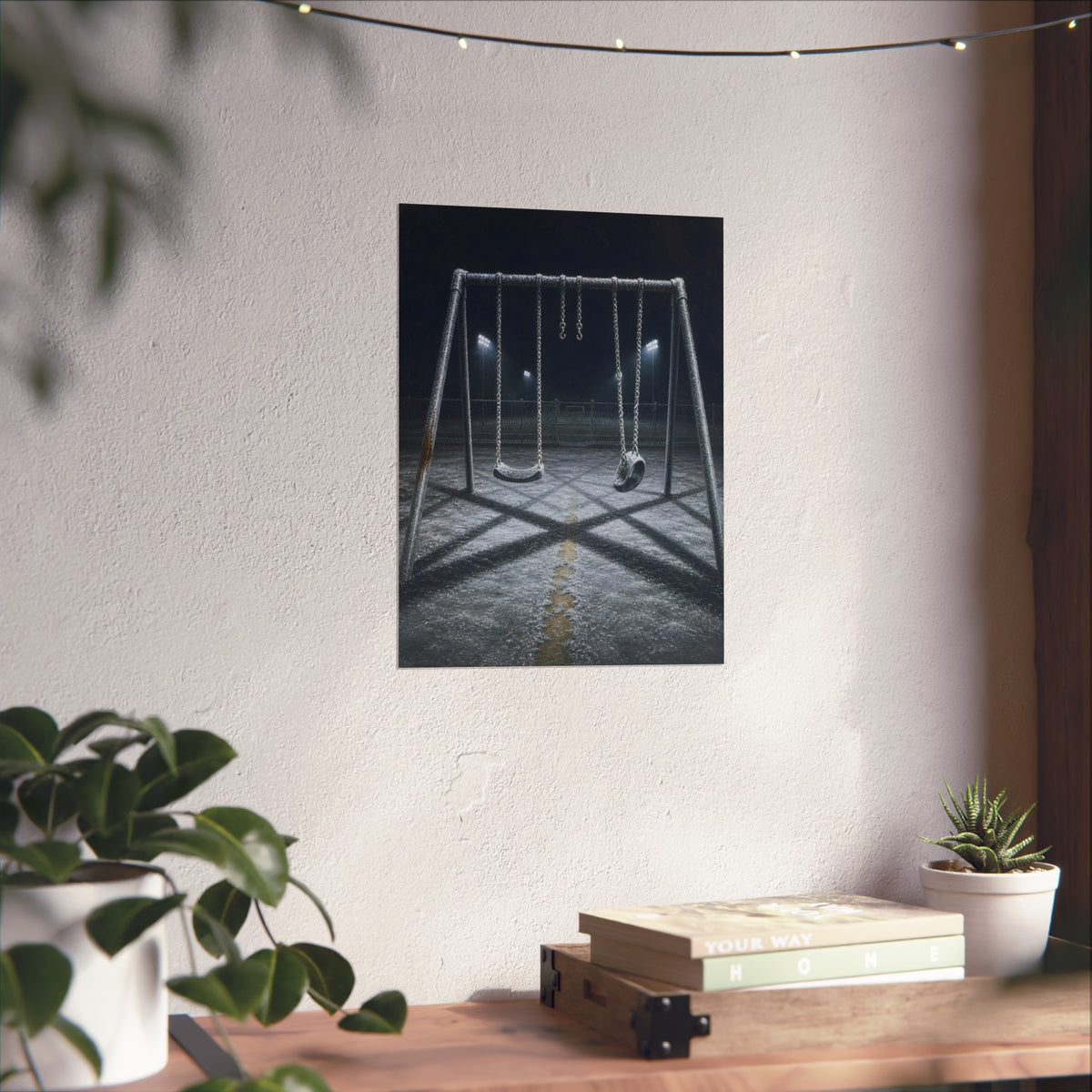 A frost covered swing set on empty asphalt under distant floodlights. The Third Hour: The Coldest Part by Garabaggio, fine art print hanging in a room.