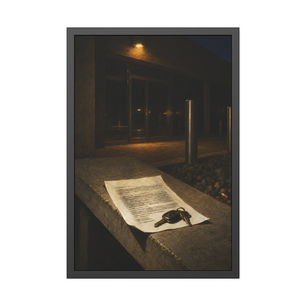 A printed page and car keys on a concrete ledge outside an office at night. The Last Email, Printed by Garabaggio, framed fine art print, 24″ x 36″.