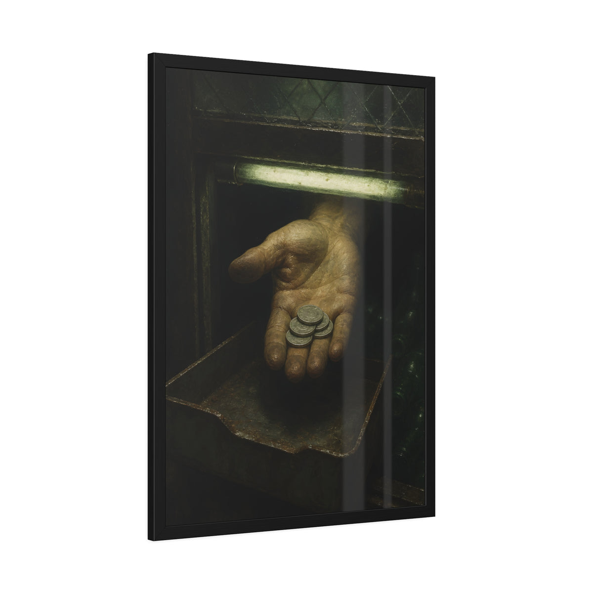 An open palm holding coins over a metal tray under a fluorescent tube. The Nickel Rendered by Garabaggio, framed fine art print hanging in a room.