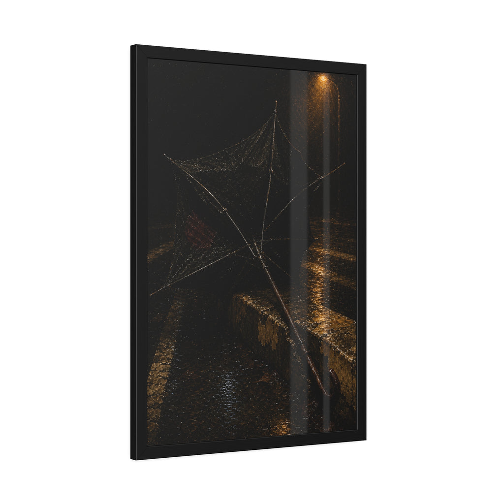 A broken umbrella inside out on a wet curb under a street lamp. The Inversion at the Median by Garabaggio, framed fine art print hanging in a room.