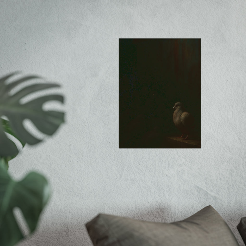 A pale pigeon on a ledge, a dark flock watching from the shadows behind. The Vigil Before the Ascension by Garabaggio, fine art print hanging in a room.