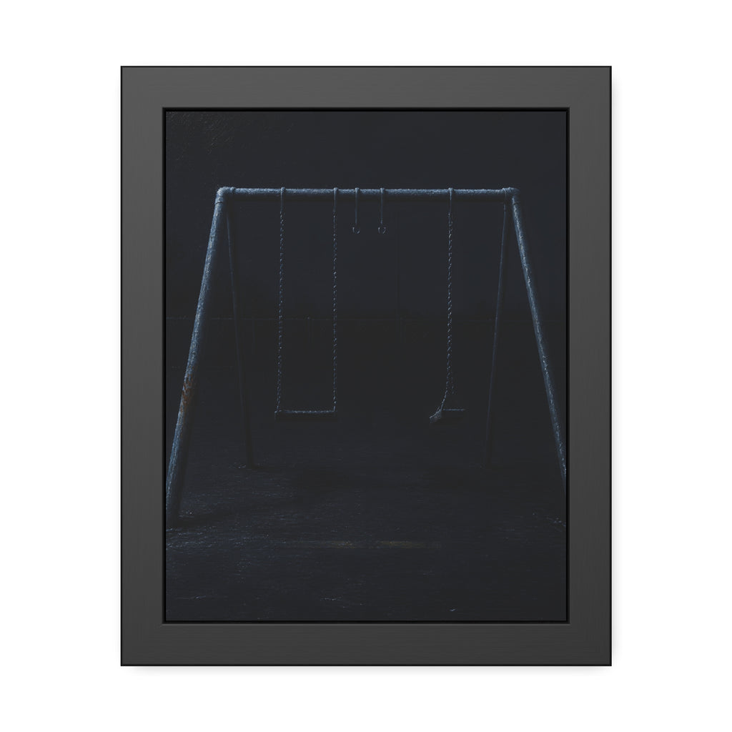An empty swing set in near darkness with one seat twisted. The Fourth Hour: The Floodlights Cut by Garabaggio, framed fine art print, 11″ x 14″.