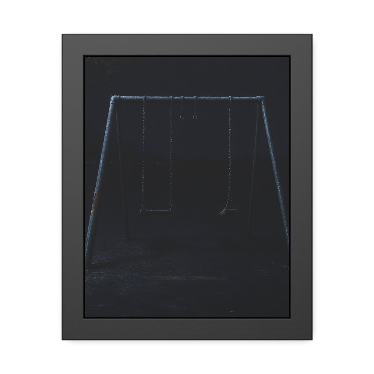 An empty swing set in near darkness with one seat twisted. The Fourth Hour: The Floodlights Cut by Garabaggio, framed fine art print, 11″ x 14″.