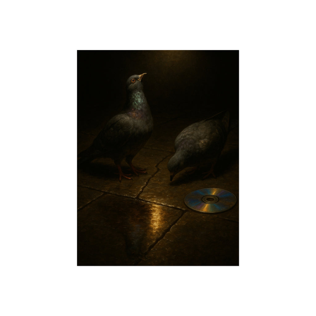 Two pigeons on wet paving stones beside a disc catching the lamplight. The Vigil on Wet Pavement by Garabaggio, fine art print, 12″ x 16″.