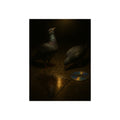 Two pigeons on wet paving stones beside a disc catching the lamplight. The Vigil on Wet Pavement by Garabaggio, fine art print, 12″ x 16″.