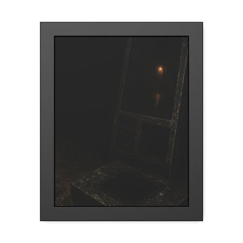 A dark self checkout kiosk with a streetlamp reflected in its blank screen. The Darkened Terminal by Garabaggio, framed fine art print, 11″ x 14″.