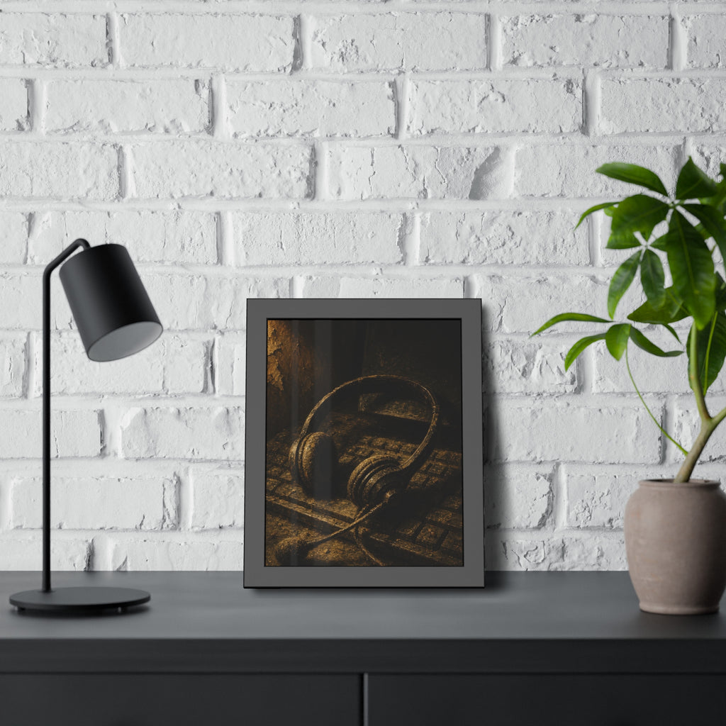 Dust covered headset resting on an old keyboard in brown light. Cubicles Under Dust by Garabaggio, framed fine art print hanging in a room.