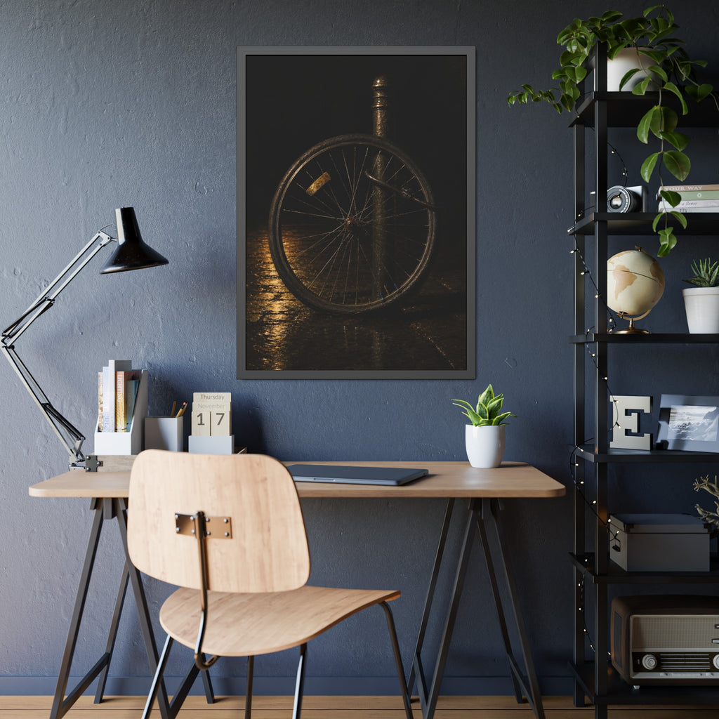 A bare bicycle wheel locked to a post on wet pavement. The Wheel Without a Bicycle by Garabaggio, framed fine art print hanging in a room.