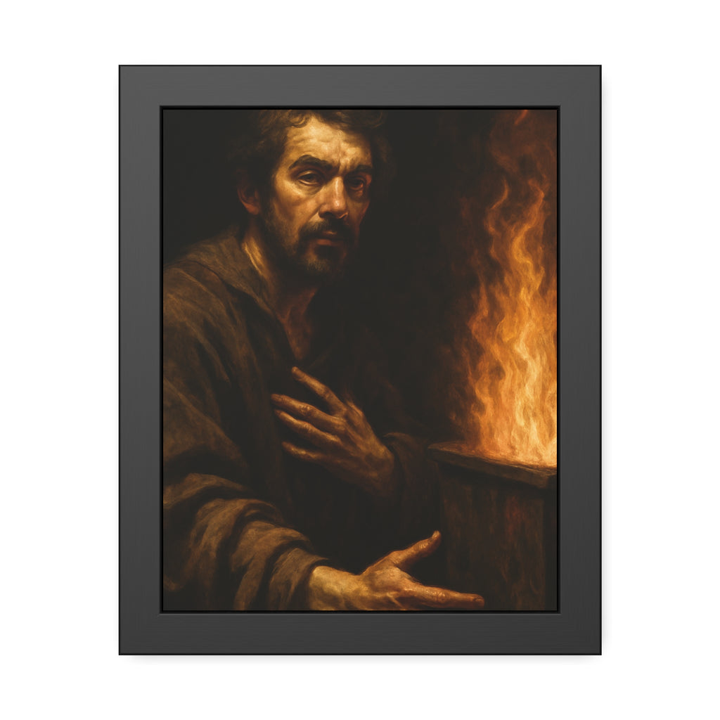 Bearded man with a hand on his chest beside flames rising from a bin. Self-Portrait as a Penitent by Garabaggio, framed fine art print, 11″ x 14″.