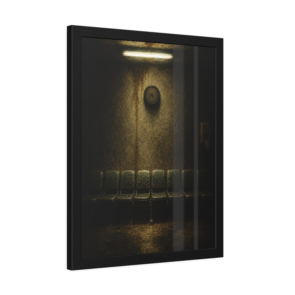 Eight worn seats in a row under a wall clock and one fluorescent tube. Eight Seats and a Clock by Garabaggio, framed fine art print hanging in a room.