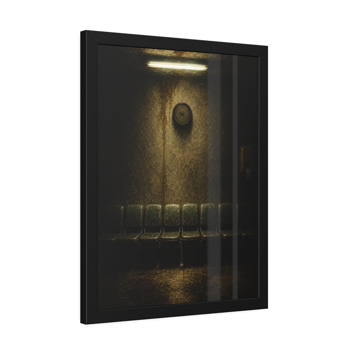 Eight worn seats in a row under a wall clock and one fluorescent tube. Eight Seats and a Clock by Garabaggio, framed fine art print hanging in a room.