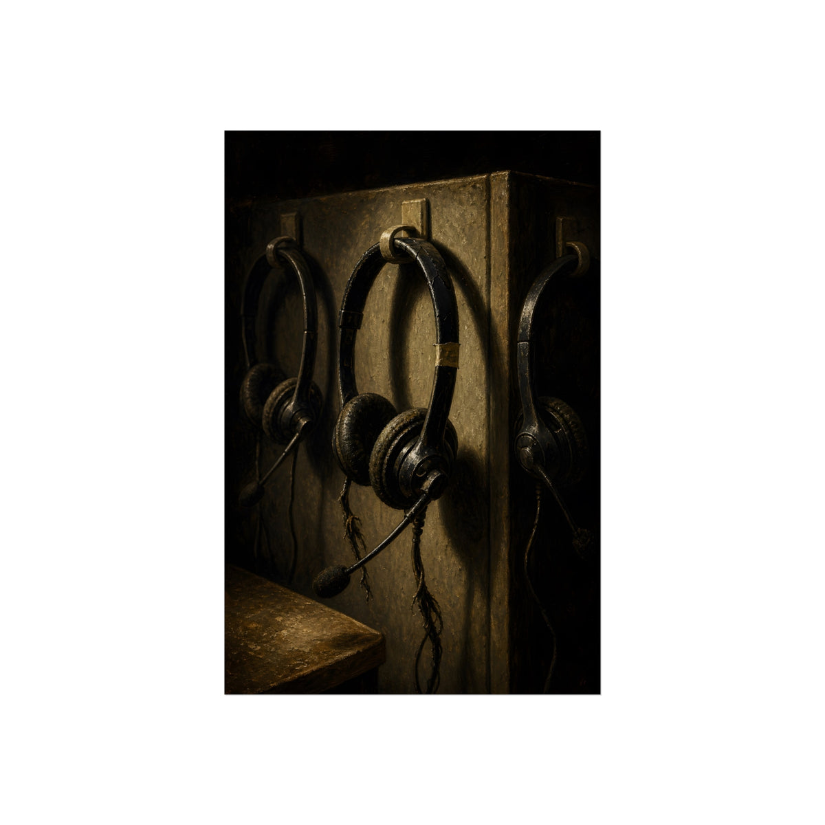Three worn call center headsets hanging on wall hooks in dim light. The Headsets Left Hanging by Garabaggio, fine art print, 24″ x 36″.