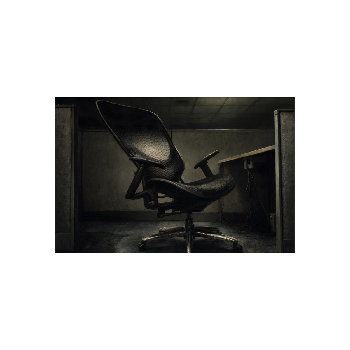 An office chair tilted back in an empty cubicle under one ceiling light. The Ergonomic Chair, Unlocked by Garabaggio, fine art print, 40″ x 26″.