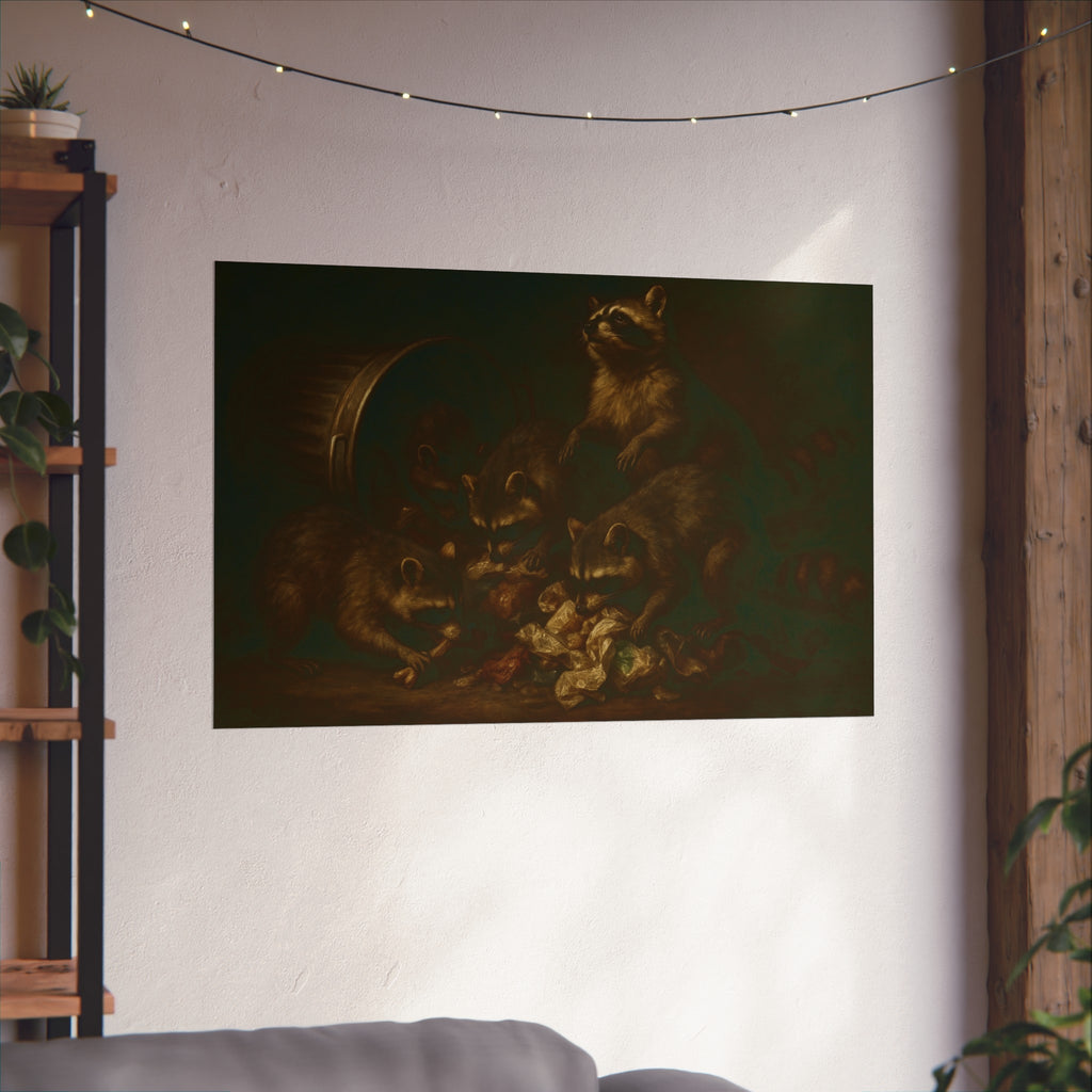 Five raccoons around a toppled metal trash can and spilled scraps. The Entombment of the Garbage by Garabaggio, fine art print hanging in a room.