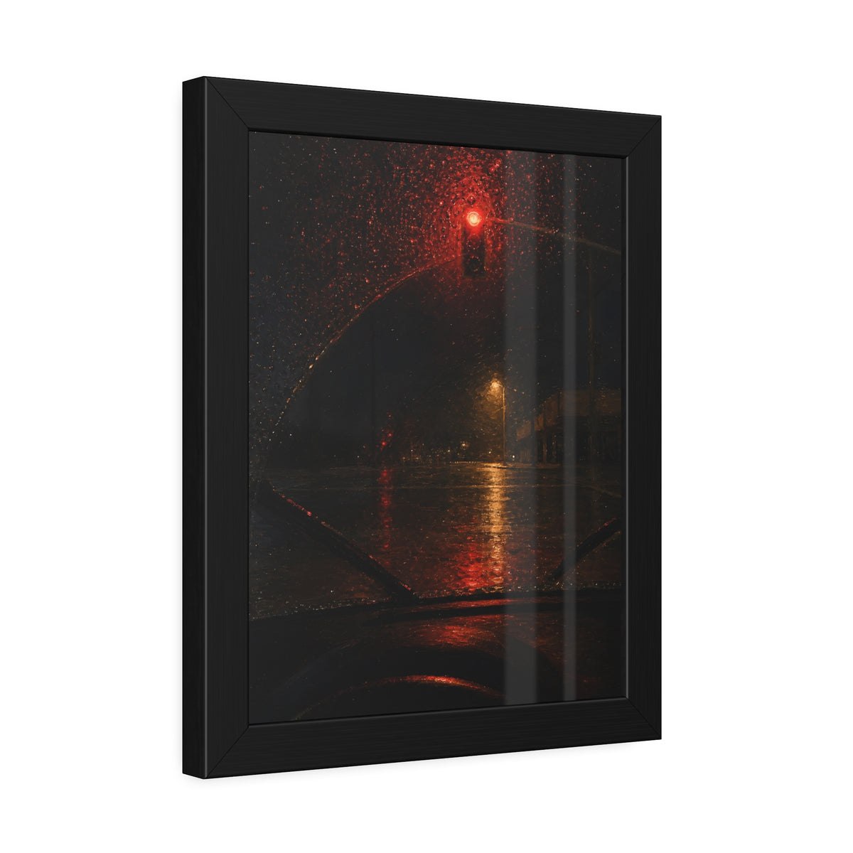 A red traffic light seen through a rain beaded windshield at night. The Windshield at the Red Light by Garabaggio, framed fine art print hanging in a room.