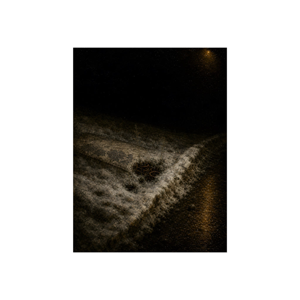 A discarded mattress half buried in snow, a distant streetlight behind. The White Burial by Garabaggio, fine art print, 12″ x 16″.