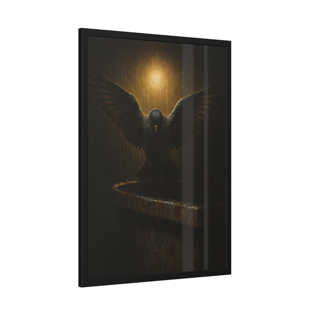 A pigeon with wings spread on a dumpster rim under a lamp in the rain. The Passion (Study in Rain) by Garabaggio, framed fine art print hanging in a room.