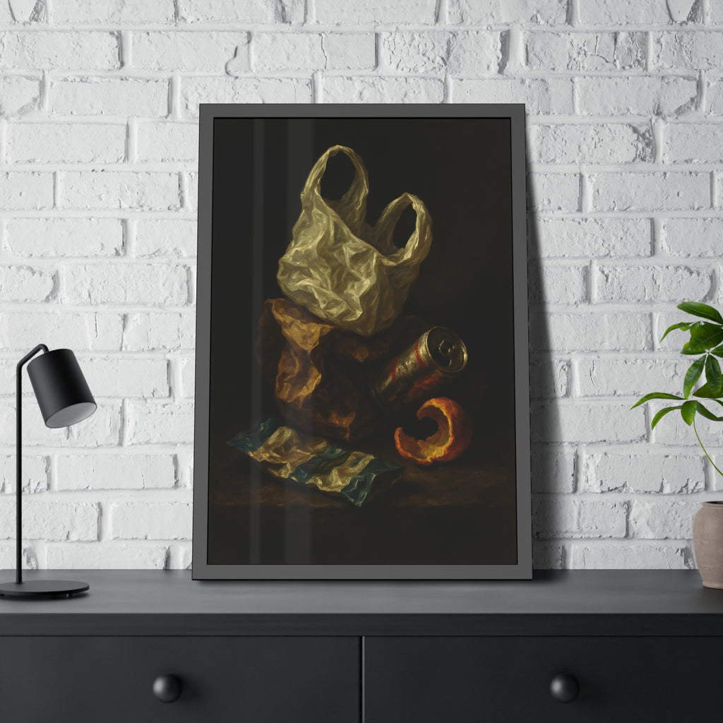 A plastic bag, crushed can and orange peel on a dim table. Still Life with Orange Peel and Resignation by Garabaggio, framed fine art print hanging in a room.
