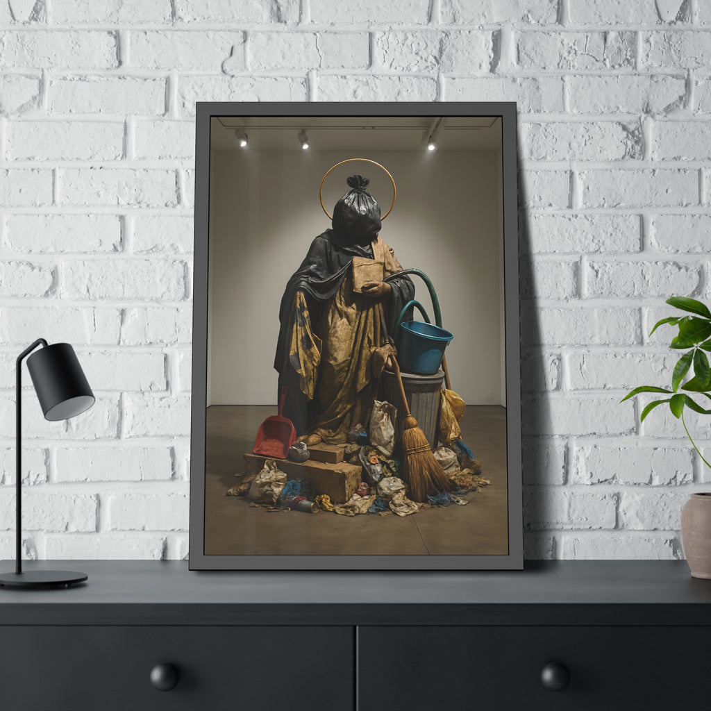 A robed figure with a garbage bag head and gold halo holding a broom. The Custodian Enthroned by Garabaggio, framed fine art print hanging in a room.