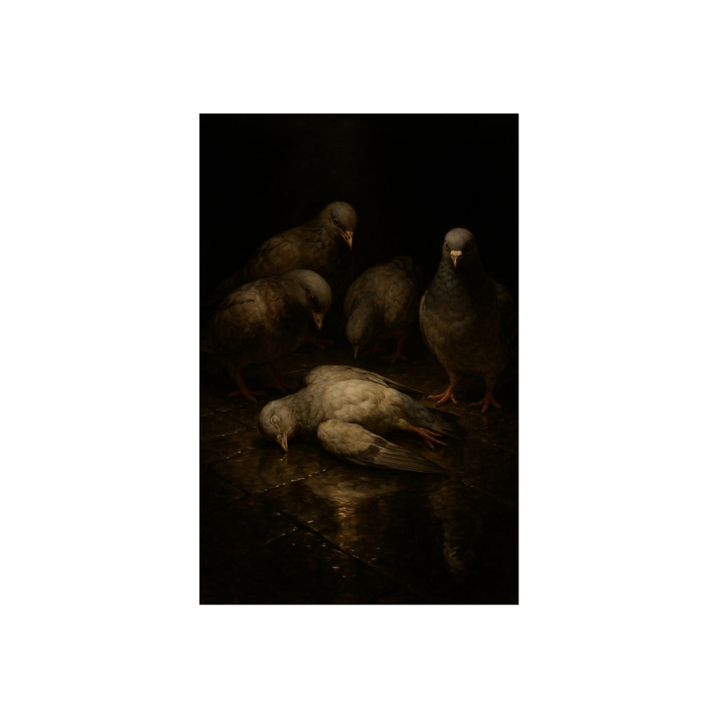 Four pigeons standing over a dead pigeon on wet pavement. The Lamentation by Garabaggio, fine art print hanging in a room.