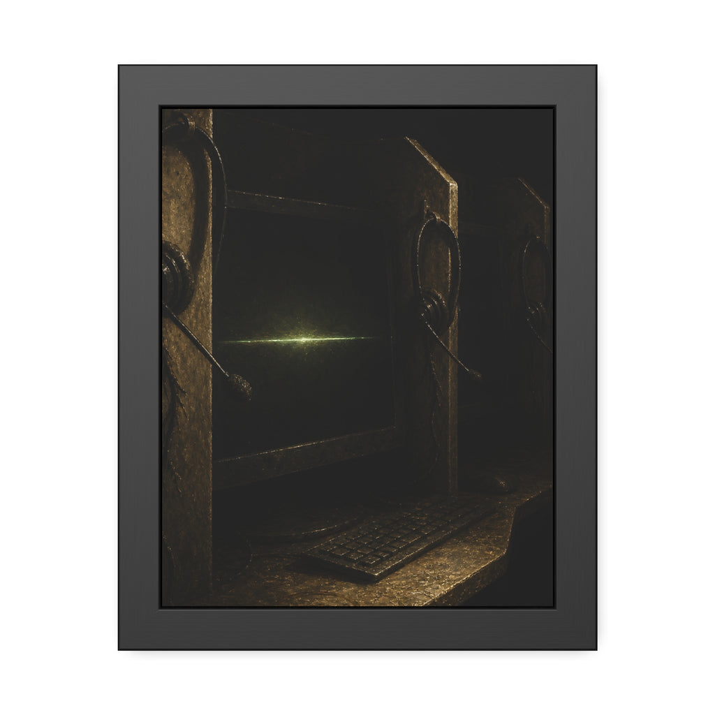 Dark cubicle monitors and a headset, one screen holding a thin green line. Power Down by Rows by Garabaggio, framed fine art print, 11″ x 14″.