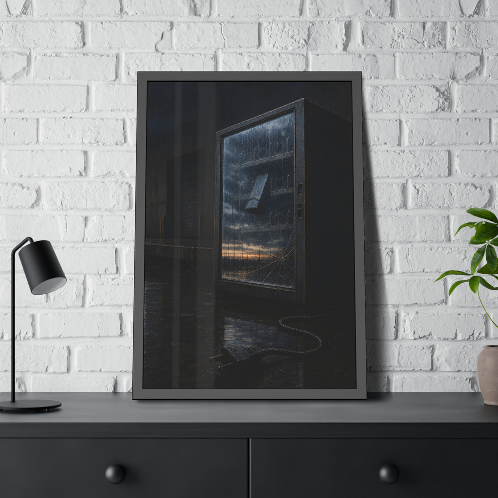 Empty vending machine with cracked glass reflecting dawn on a wet lot. Dawn in the Dead Glass by Garabaggio, framed fine art print hanging in a room.