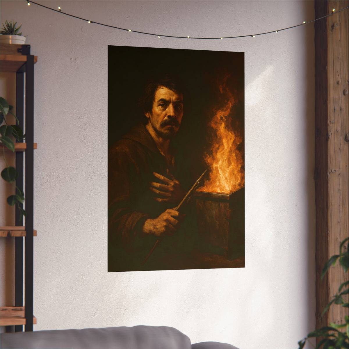 Man holding a long wooden stick, hand on chest, before a burning bin. Self-Portrait with Mahlstick by Garabaggio, fine art print hanging in a room.
