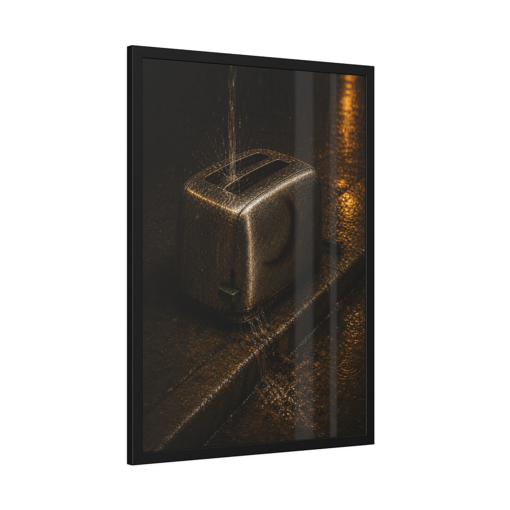 A toaster on a wet curb with water pouring into its slots. Rain Through the Slots by Garabaggio, framed fine art print hanging in a room.