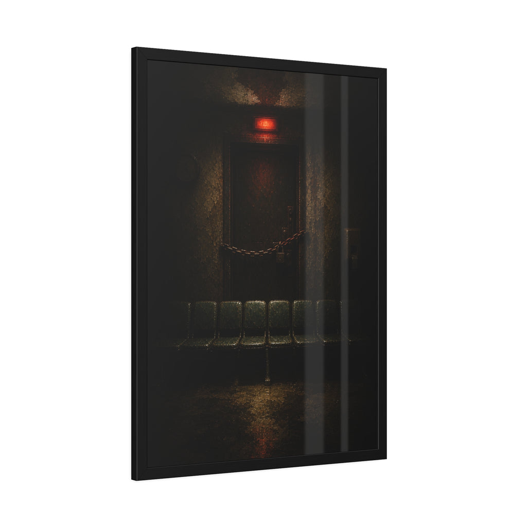 Chained waiting room door under a red exit light, empty seats below. After Closing by Garabaggio, framed fine art print hanging in a room.