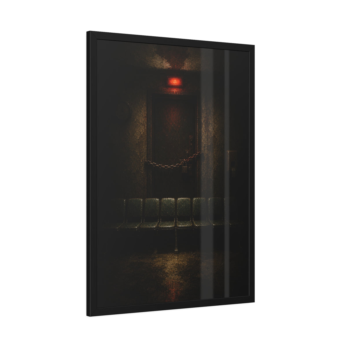 Chained waiting room door under a red exit light, empty seats below. After Closing by Garabaggio, framed fine art print hanging in a room.
