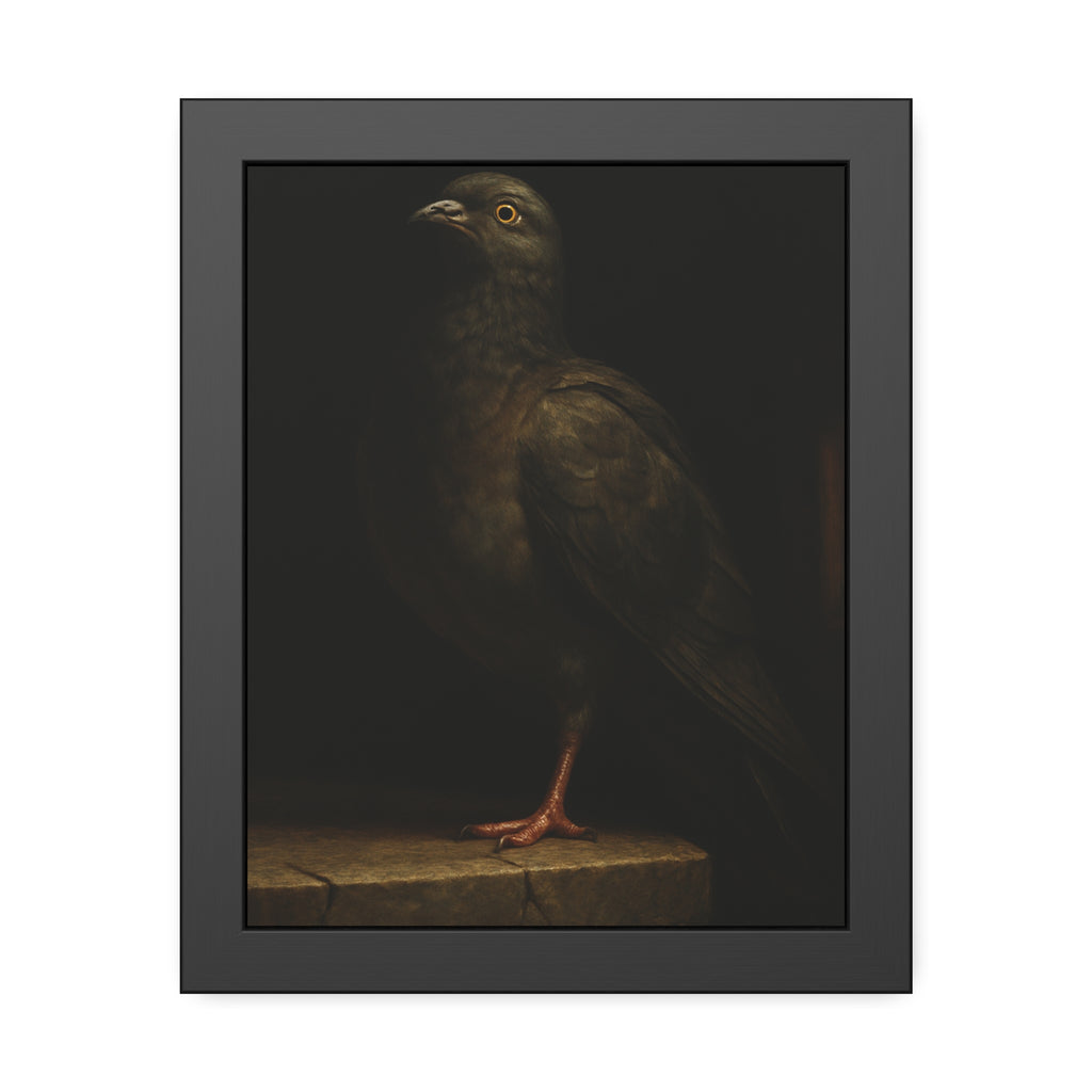 A pigeon standing on a cracked stone ledge in near darkness. The Martyrdom of the One-Legged Saint by Garabaggio, framed fine art print, 11″ x 14″.