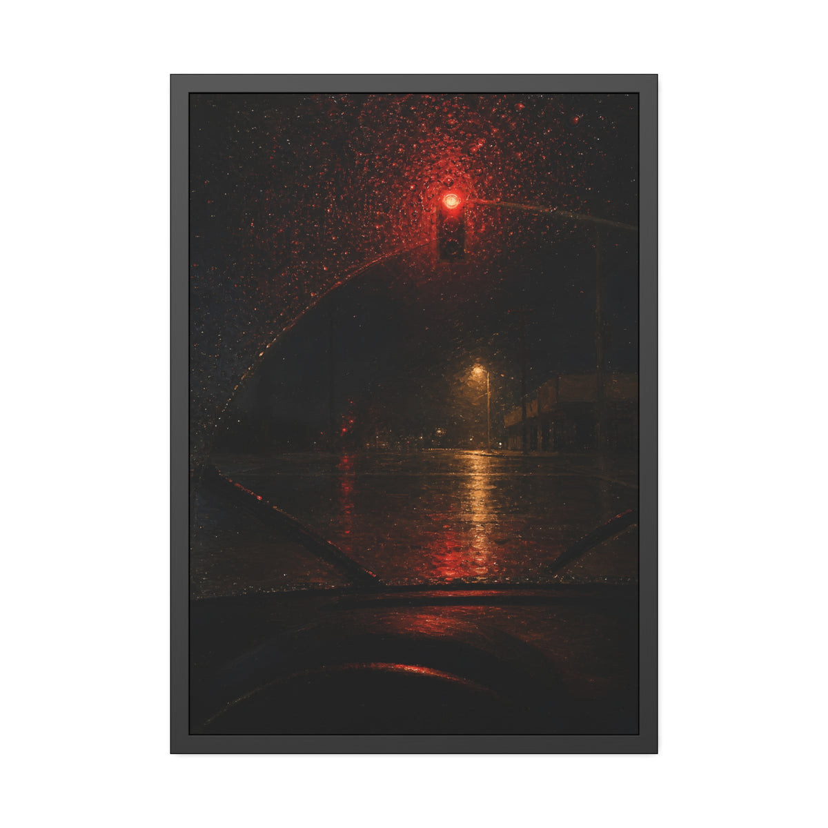 A red traffic light seen through a rain beaded windshield at night. The Windshield at the Red Light by Garabaggio, framed fine art print, 28″ x 40″.