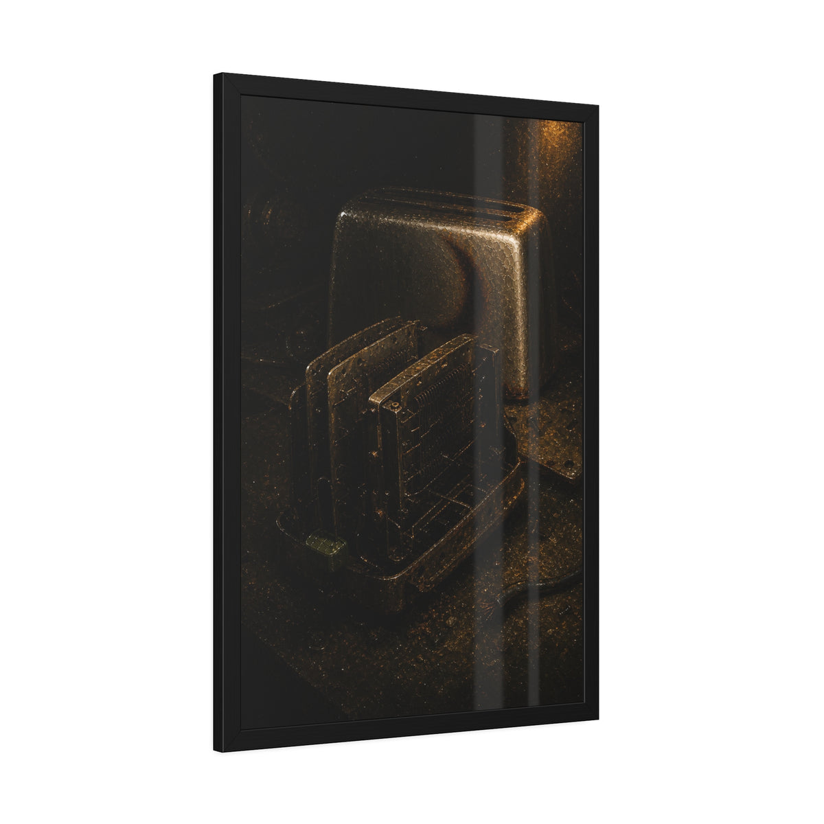 A toaster with its side panel opened to expose the heating elements. The Opening of the Shell by Garabaggio, framed fine art print hanging in a room.