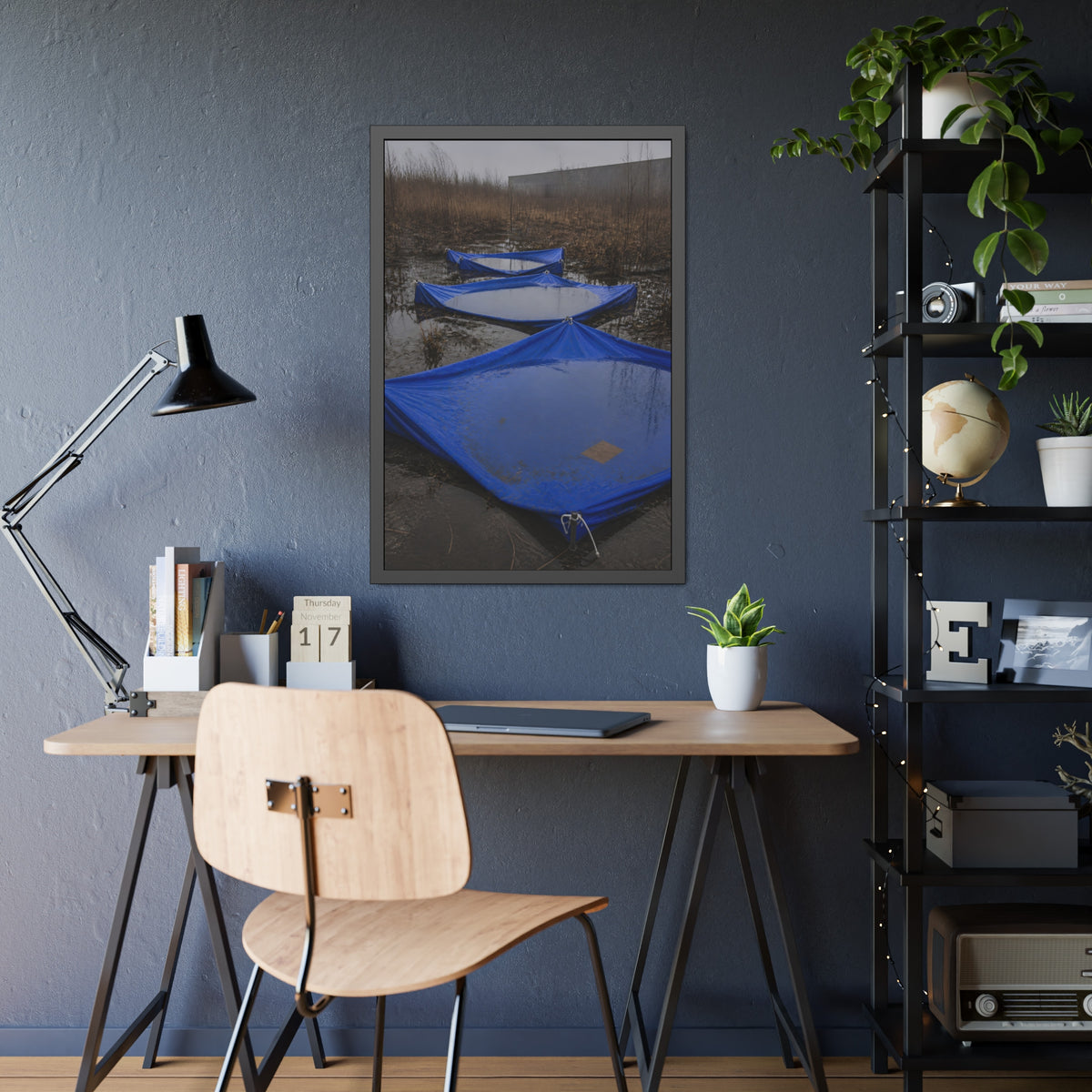 Three blue tarps holding pooled rainwater in a weedy vacant lot. Flooded in the Vacant Lot by Garabaggio, framed fine art print hanging in a room.