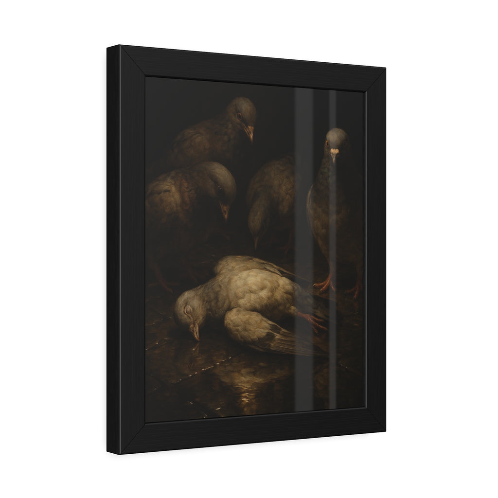 Four pigeons standing over a dead pigeon on wet pavement. The Lamentation by Garabaggio, framed fine art print hanging in a room.