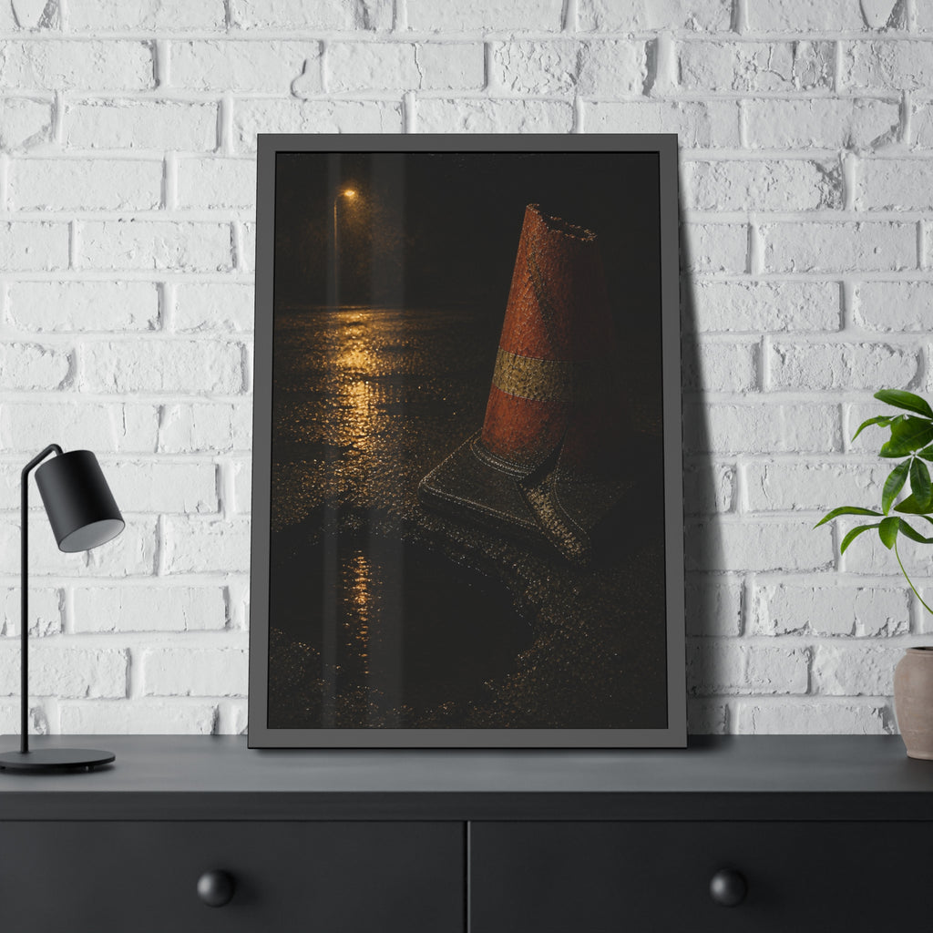 A traffic cone beside a water filled pothole reflecting a street lamp. The Sentinel of the Pothole by Garabaggio, framed fine art print hanging in a room.