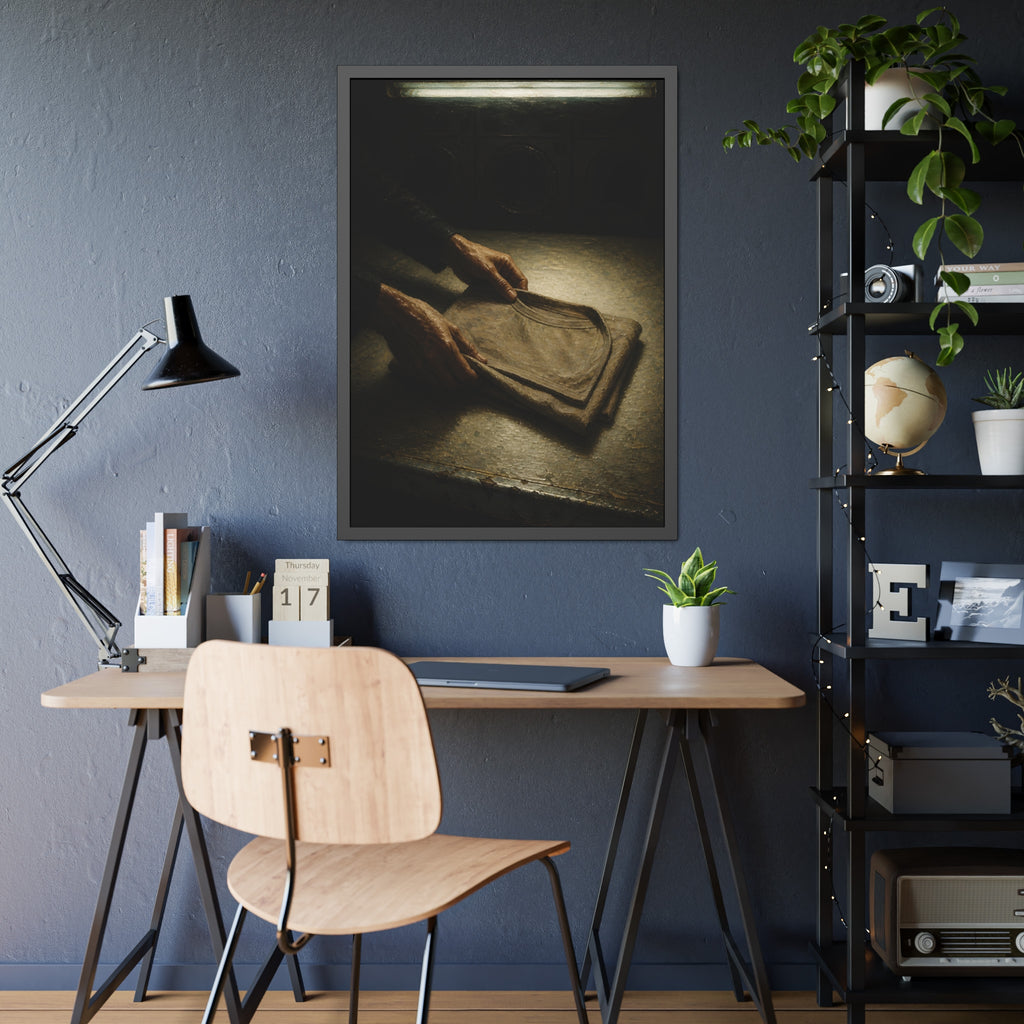 Two hands folding a shirt on a laundromat table with washers behind. The Folding at Two A.M by Garabaggio, framed fine art print hanging in a room.