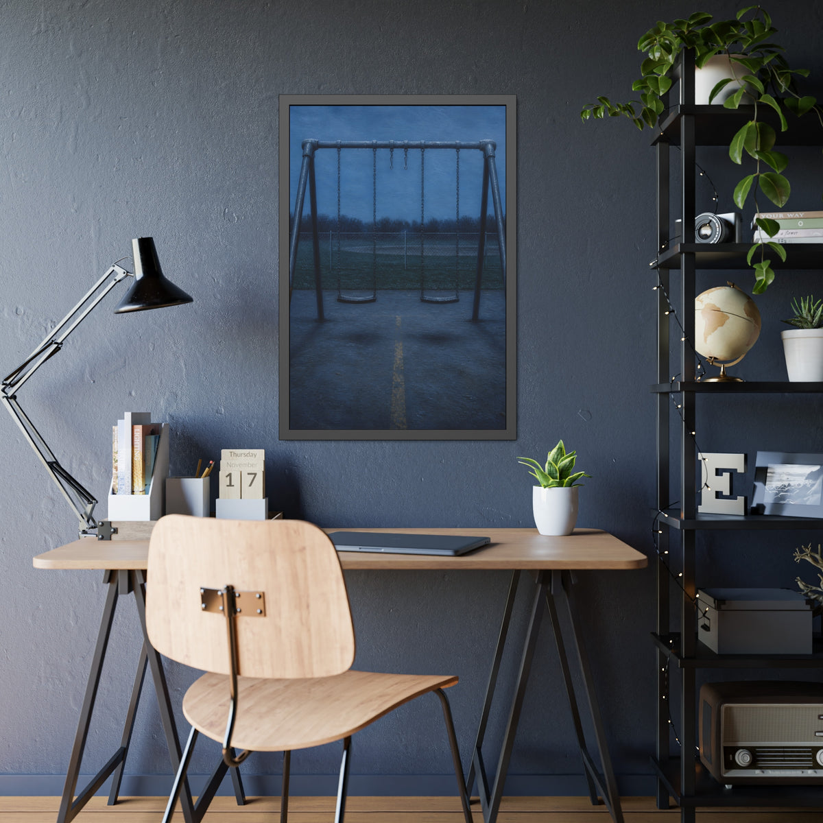 A swing set at dusk with two seats hanging straight. The Sixth Hour: The Seat Hanging Straight by Garabaggio, framed fine art print hanging in a room.