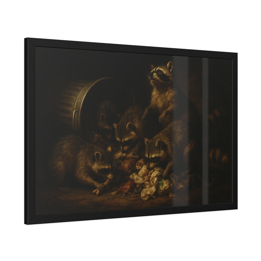 Five raccoons around a toppled metal trash can and spilled scraps. The Entombment of the Garbage by Garabaggio, framed fine art print hanging in a room.