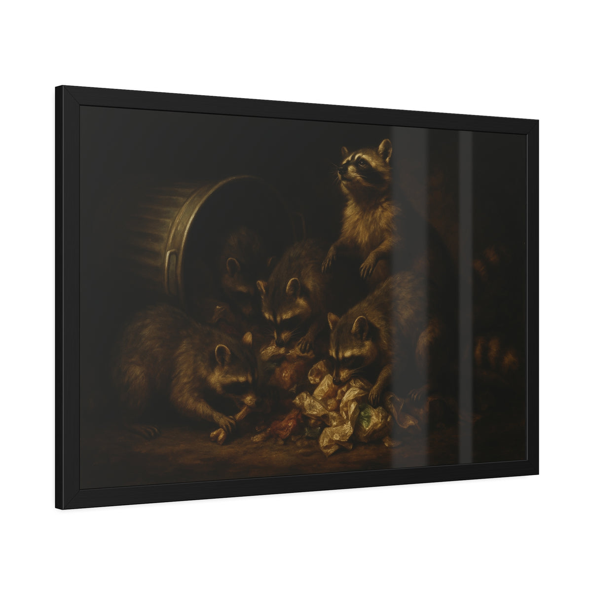 Five raccoons around a toppled metal trash can and spilled scraps. The Entombment of the Garbage by Garabaggio, framed fine art print hanging in a room.