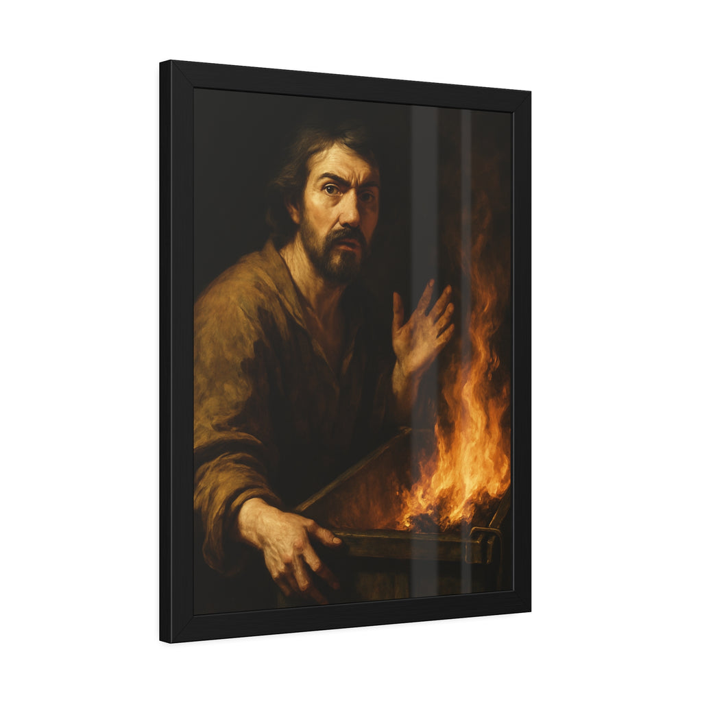 Man gripping the edge of a burning dumpster with one hand raised. Self-Portrait at 3:40 AM by Garabaggio, framed fine art print hanging in a room.