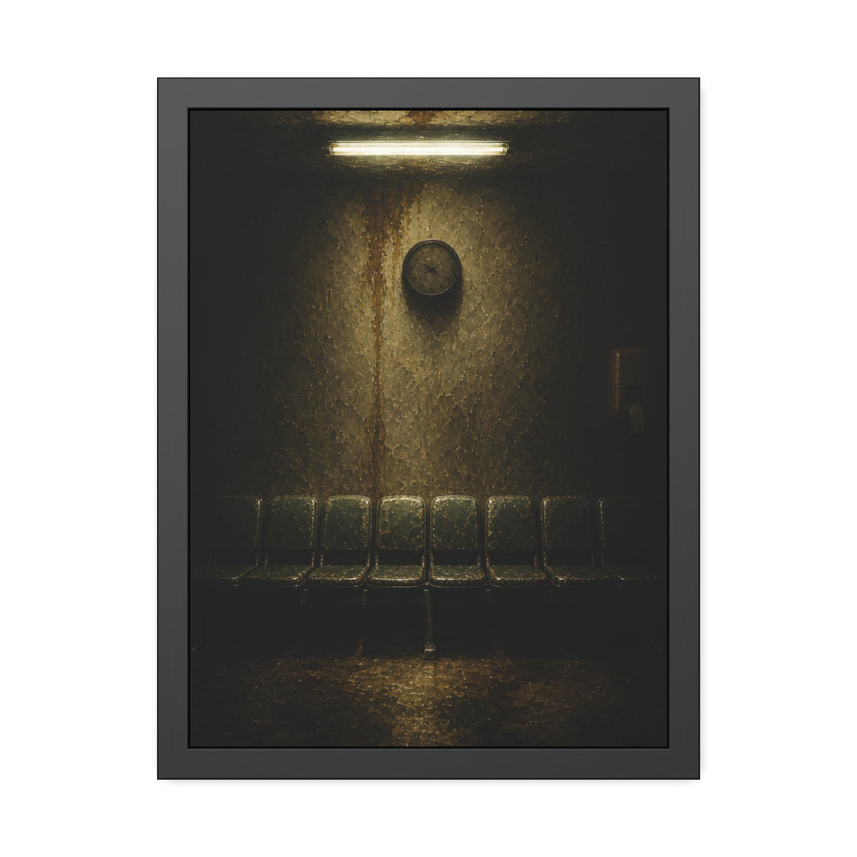 Eight worn seats in a row under a wall clock and one fluorescent tube. Eight Seats and a Clock by Garabaggio, framed fine art print, 18″ x 24″.