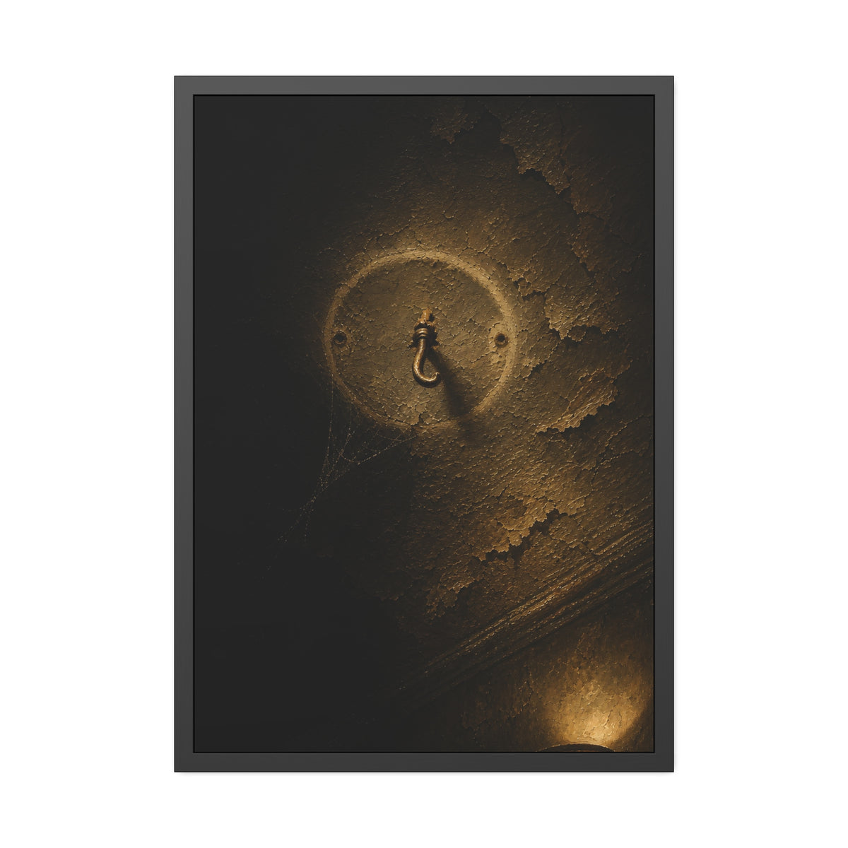 A small empty hook on a cracked ceiling, lit from one side. The Hook Without a Burden by Garabaggio, framed fine art print, 28″ x 40″.